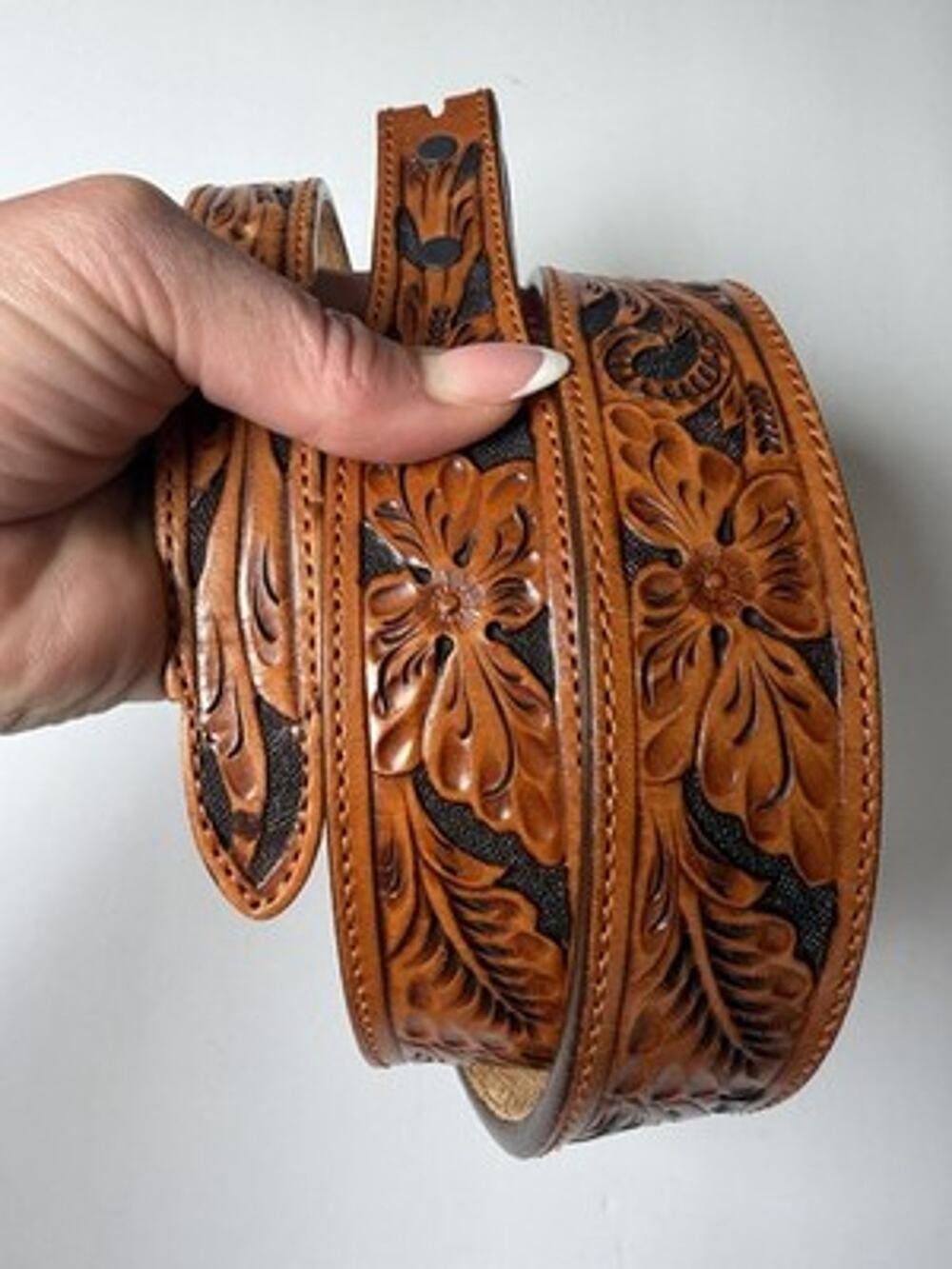 Justin Floral Hand Tool Leather Western Belt Size 38 No Buckle Excellant